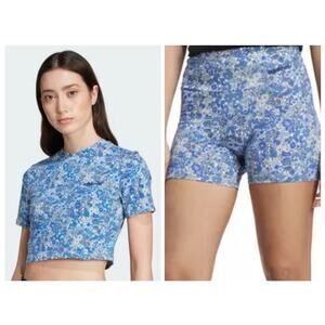 Adidas Liberty of London Floral Baby Tee and Booty Shorts Set Tonal Blue XSmall